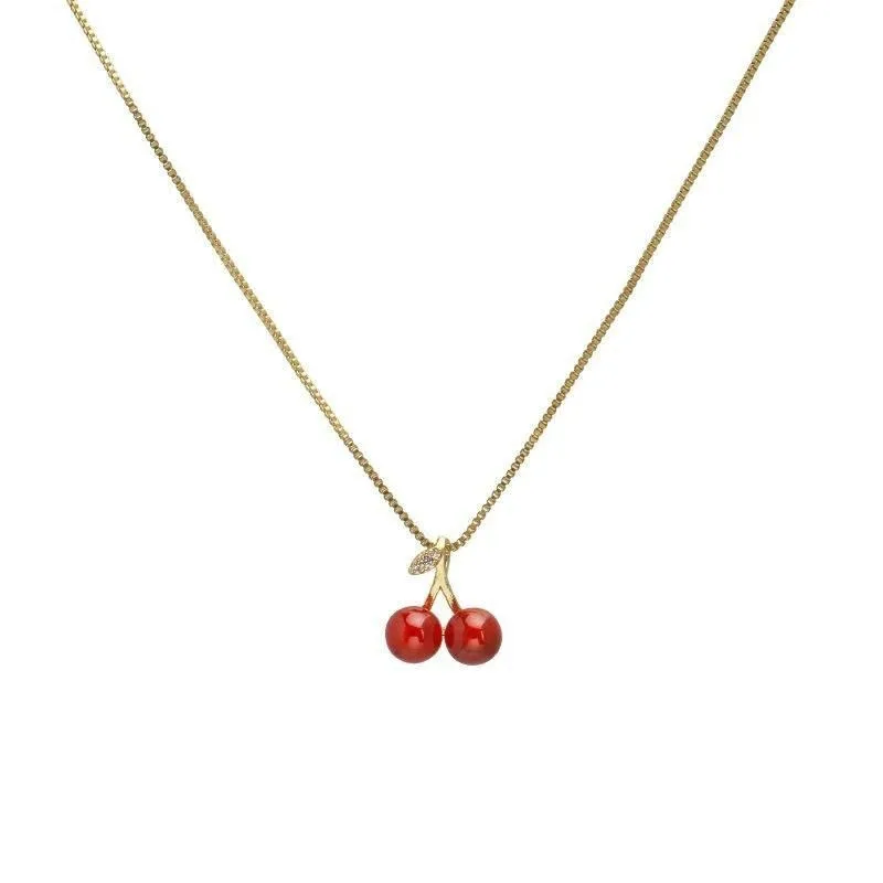 New Wine Red Cherry Gold Color Pendant Necklace For Women Personality Fashion Necklace Wedding Jewelry Birthday Gifts view 5