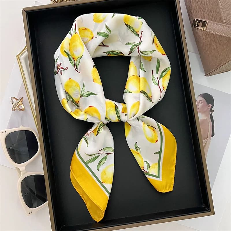 70cm Yellow Silk Scarf Floral Print Women