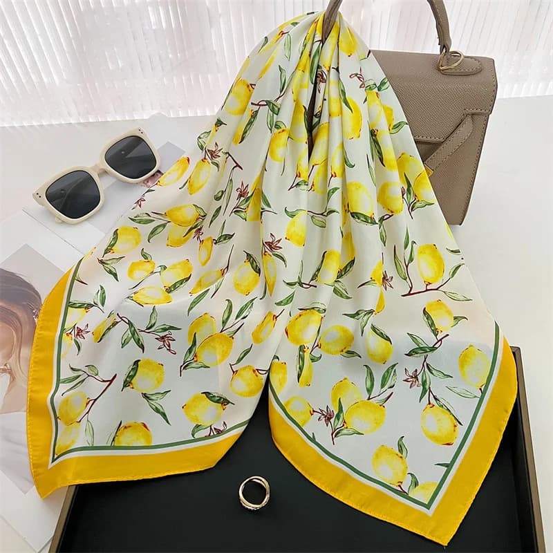 70cm Yellow Silk Scarf Floral Print Women view 3