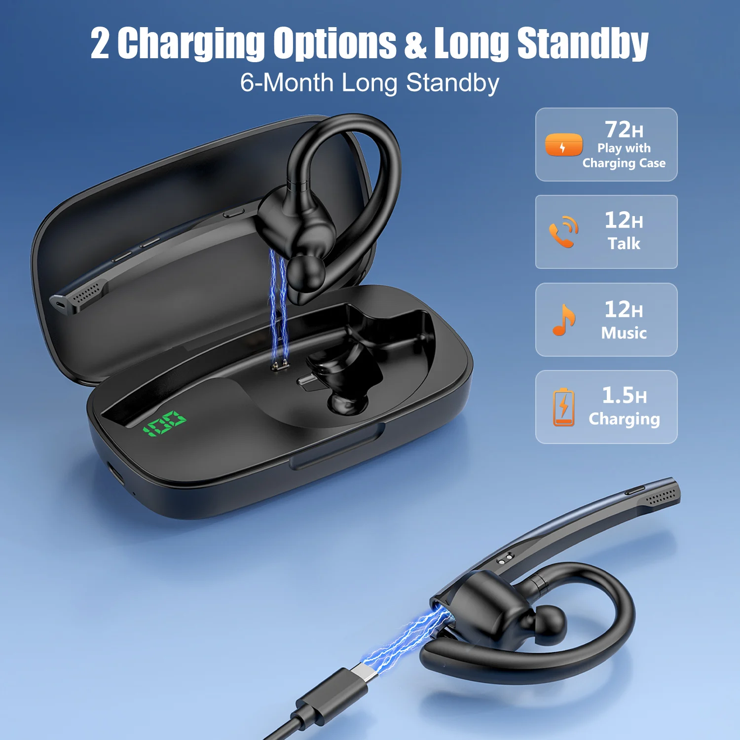 New Bee M54 Bluetooth Headset Single Wireless Earphones Driving Headphone with Dual-Mic CVC8.0 Noise Cancelling Handsfree view 4