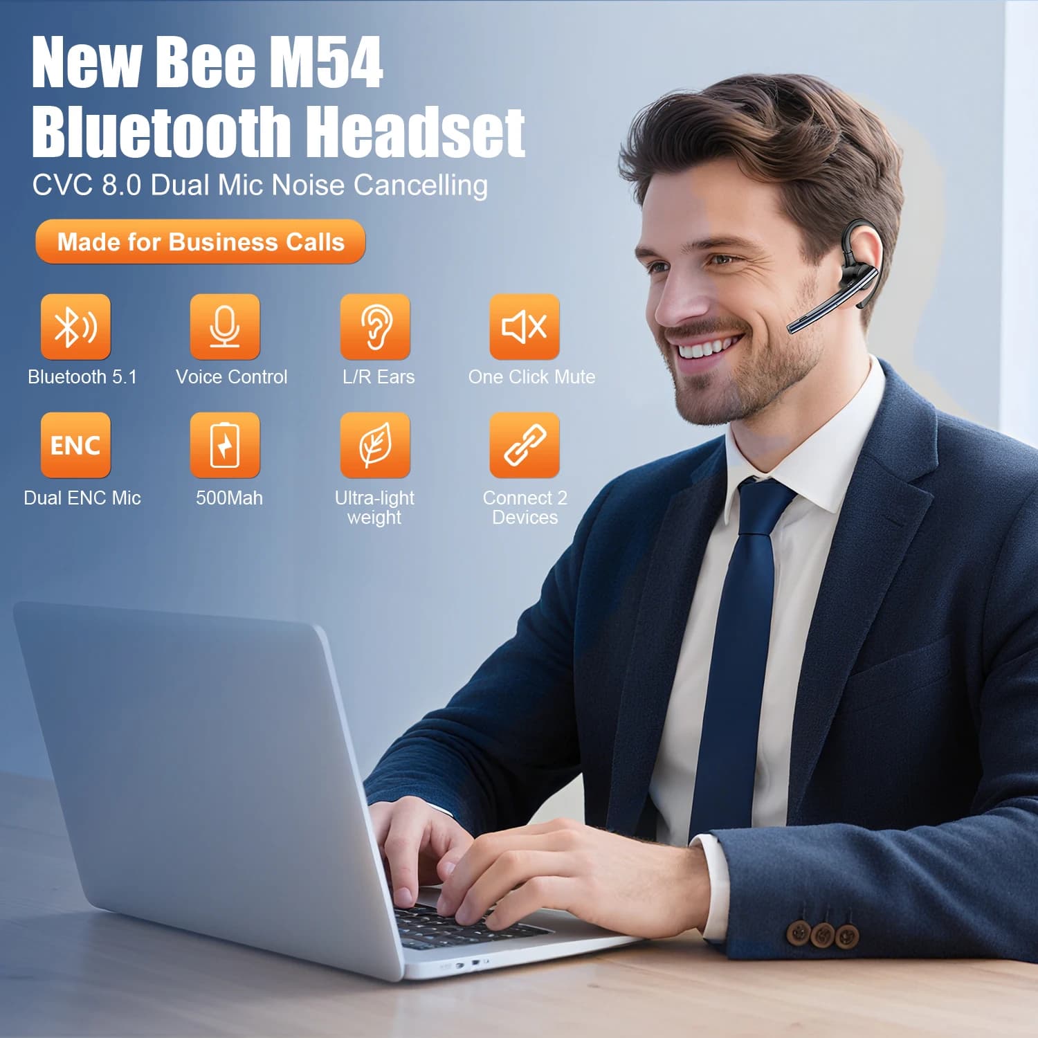 New Bee M54 Bluetooth Headset Single Wireless Earphones Driving Headphone with Dual-Mic CVC8.0 Noise Cancelling Handsfree view 2