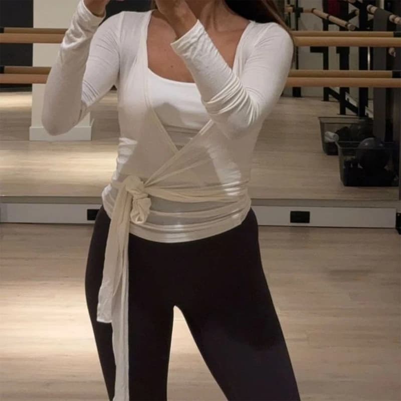 Top corto da donna con cravatta incrociata Camicie da yoga Manica lunga Scollo a V profondo Tinta unita Camicie slim fit Camicette da allenamento per yoga da donna T-shirt view 5