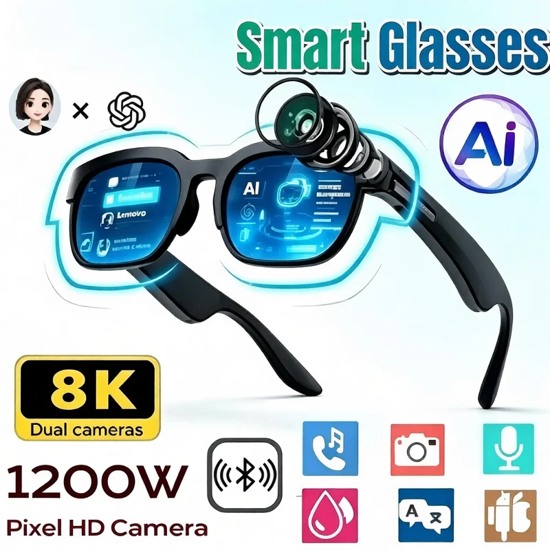 AI Smart Glasses 8MP HD Camera 8K Shooting AI Real-time Translation with Bluetooth 6.0 Earphones Call Recording Music Sunglasses