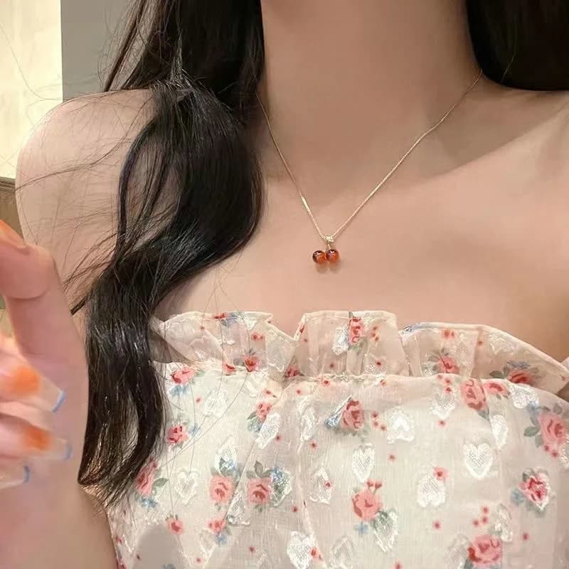 New Wine Red Cherry Gold Color Pendant Necklace For Women Personality Fashion Necklace Wedding Jewelry Birthday Gifts view 2
