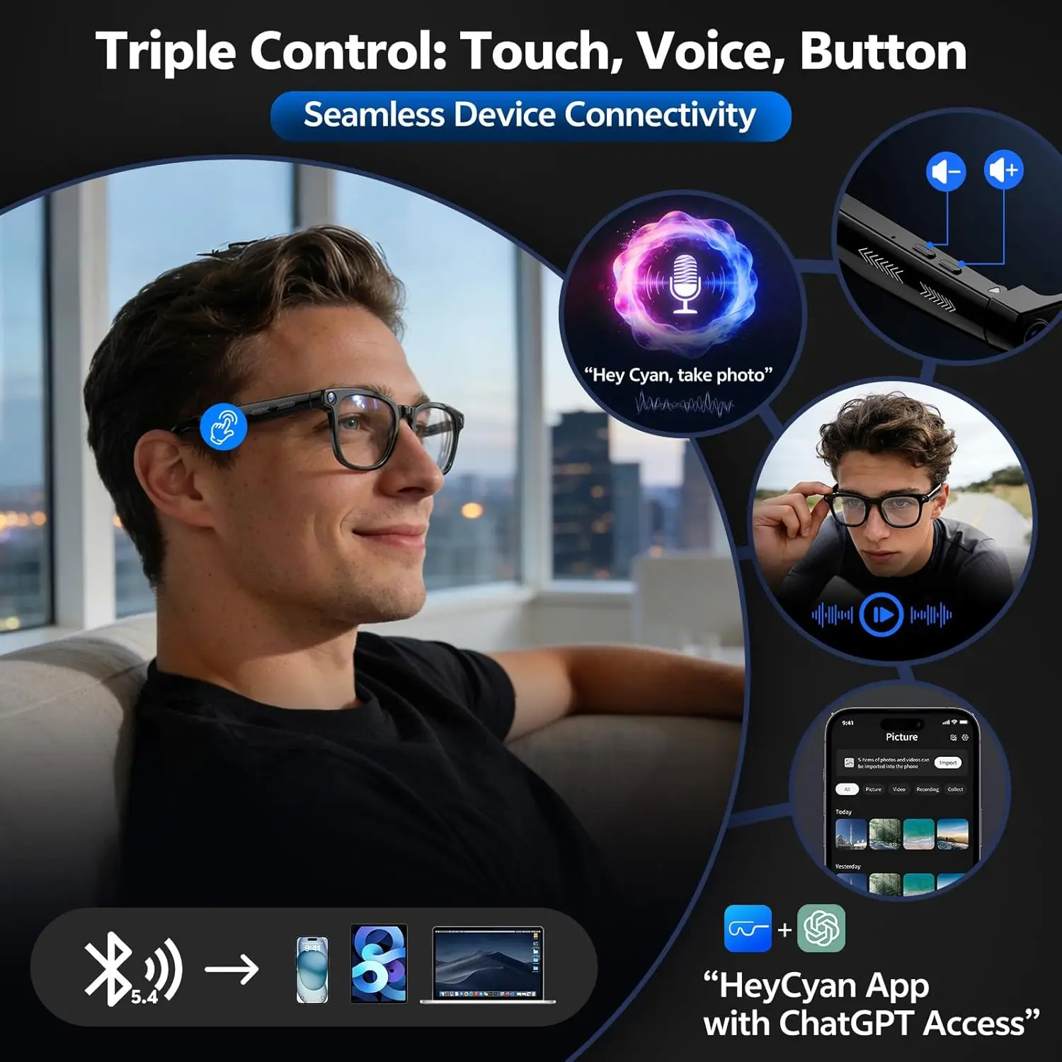 2026 4K 8MP Smart Glasses Men HD Camera 150+Language Translation ChatGPT WIFI Video Recording Bluetooth CallAudio Glasses Women view 4