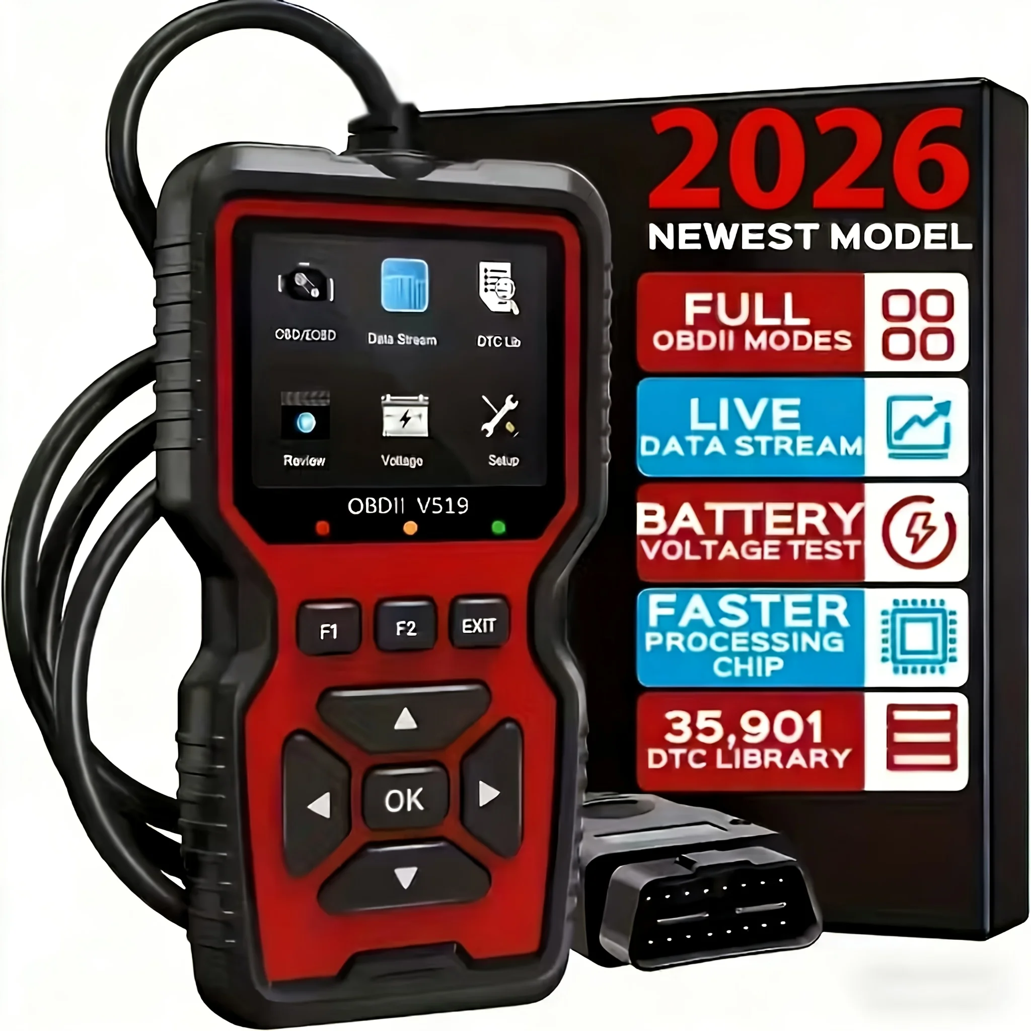 V519 Professional Obd2 Scanner - Usb-Powered Car Diagnostic Tool with Real-Time Data Stream, Full-Featured Obd Ii Testing (I/M Ready, Bod2/Eobd), Clears Engine Fault Lights, Reads/Erases Codes for Mos