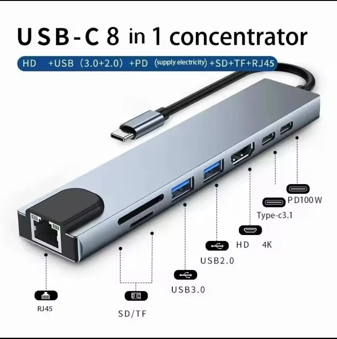 محطة إرساء USB-C احترافية 8 في 1 ✅ HDMI 4K + USB 3.0 + USB 2.0 ✅ شحن سريع PD 100W للابتوب ✅ قارئ بطاقات SD + TF ✅ متوافقة مع MacBook و Windows التوصيل: 15-25 يوم لجميع مدن المغرب الدفع عند الاستلام