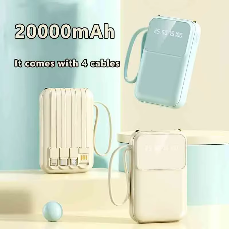 For any phone 20000mAh Portable Mini Power Bank Super Fast Charge built-in 4 Cables Digital Display for ALL phones